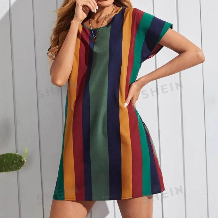 【New style】Colorful stripe waist dress women's summer short-sleeved round collar seaside loose fashion sexy and all-match
【New style】Colorful stripe waist dress women's summer short-sleeved round collar seaside loose fashion sexy and all-match