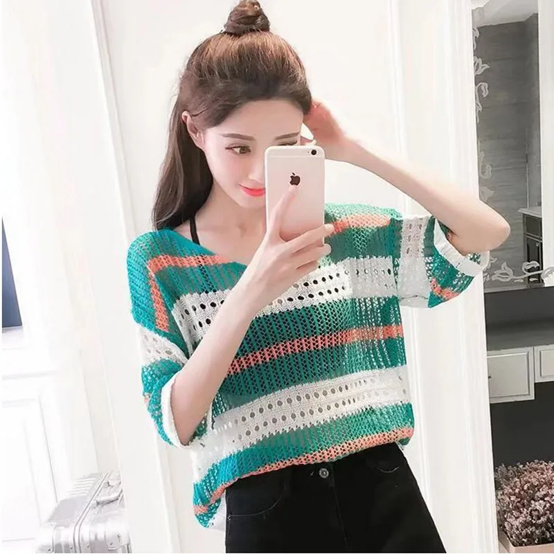 Summer Women Hollow Out Knitted Pullover Tops Korea Jumpers Loose Casual Striped Autumn Vintage Streetwear Female Sweaters
Summer Women Hollow Out Knitted Pullover Tops Korea Jumpers Loose Casual Striped Autumn Vintage Streetwear Female Sweaters