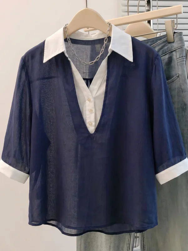 Elegant Dark Blue V-Neck Short Sleeve Shirt Women's plus Size Summer New Style Korean Version Loose Fit Office Wear Top
Elegant Dark Blue V-Neck Short Sleeve Shirt Women's plus Size Summer New Style Korean Version Loose Fit Office Wear Top