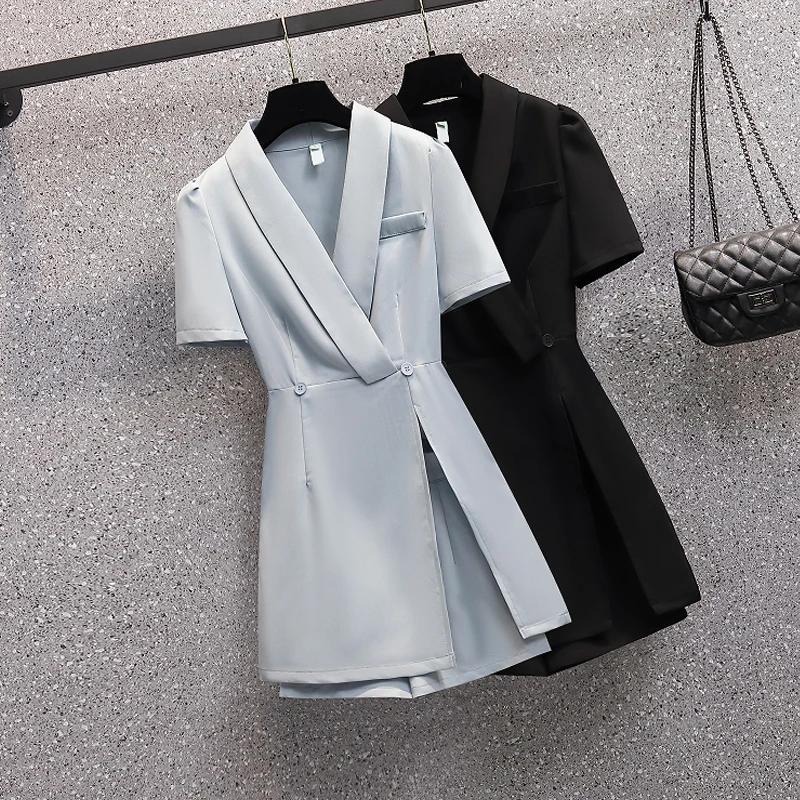 Summer Two-piece Set For Women Mini Suit Collar Dress Tops And Shorts Female Large Size Blue Black Elegant Office Matching Suits
Summer Two-piece Set For Women Mini Suit Collar Dress Tops And Shorts Female Large Size Blue Black Elegant Office Matching Suits
