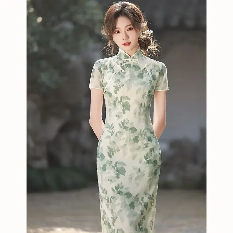 Cheongsam с коротким рукавом и принтом листьев, новое летнее молодежное современное китайское платье, длинные платья Ципао для женщин 
Cheongsam с коротким рукавом и принтом листьев, новое летнее молодежное современное китайское платье, длинные платья Ципао для женщин