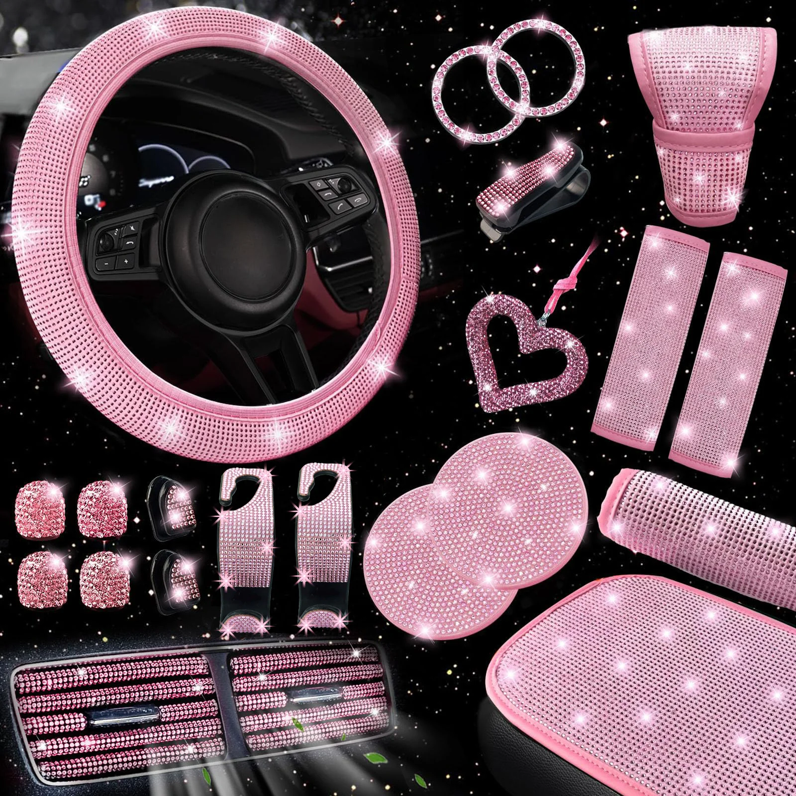 30-Pack Pink Sparkly Rhinestone Luxury Car Decor Kit, Steering Wheel Cover & More, Stylish & Practical, Ideal for Gifting
30-Pack Pink Sparkly Rhinestone Luxury Car Decor Kit, Steering Wheel Cover & More, Stylish & Practical, Ideal for Gifting