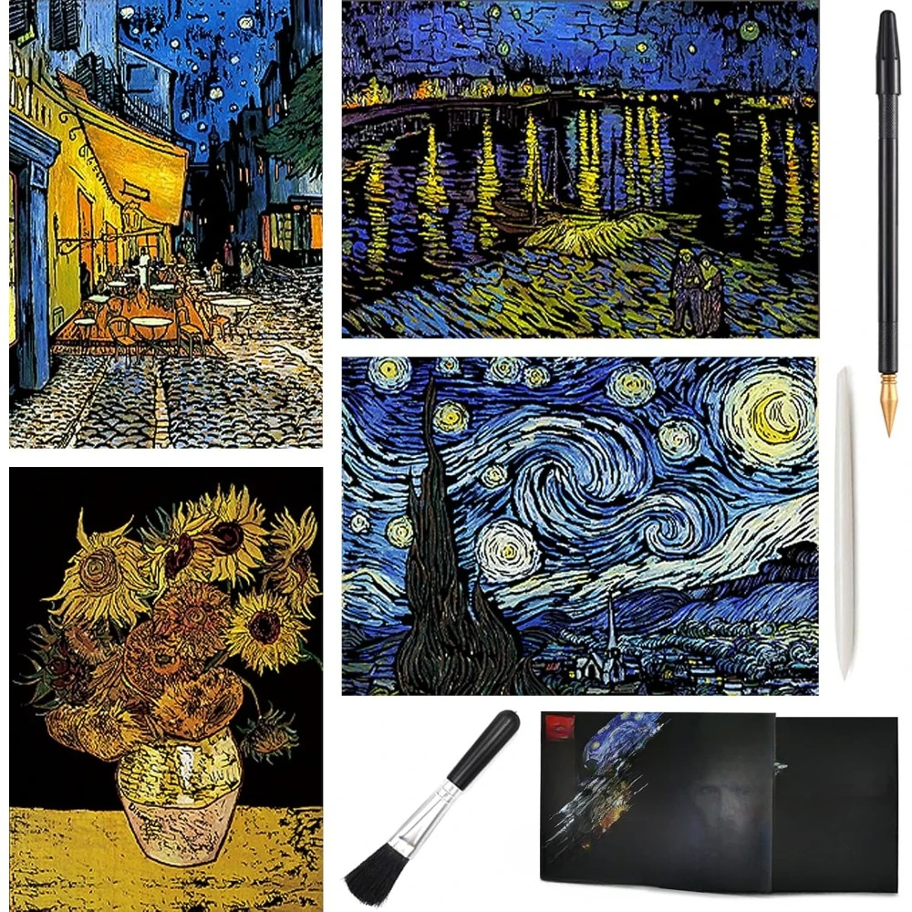 Vincent van Gogh scratch rainbow paper, sketch card engraving craft night scene scraper for adults and children
Vincent van Gogh scratch rainbow paper, sketch card engraving craft night scene scraper for adults and children