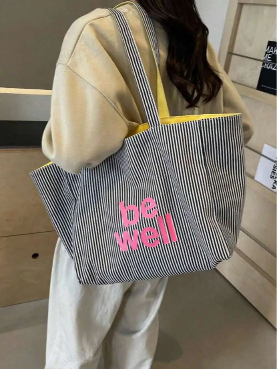 Striped Canvas Tote Bag With Letter Print Lightweight Foldable For Women
Striped Canvas Tote Bag With Letter Print Lightweight Foldable For Women