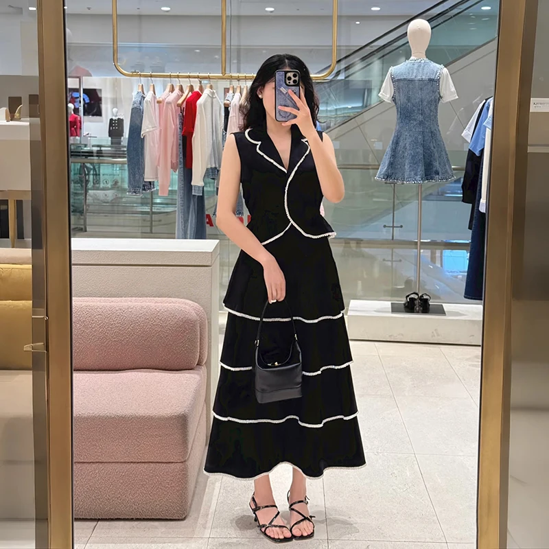 Spring Summer Pearl Trimmed Suit Collar Sleeveless Top Layered Skirt Set Women's Fashion Ensemble High Waist Cotton Blend
Spring Summer Pearl Trimmed Suit Collar Sleeveless Top Layered Skirt Set Women's Fashion Ensemble High Waist Cotton Blend