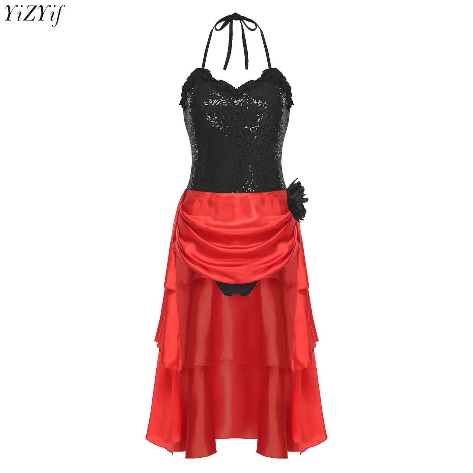Womens Latin Rumba Dance Dress Halter Sequin Bodice Tiered Irregular Hem Leotard Dress with Flower Brooch for Samba Ballroom
Womens Latin Rumba Dance Dress Halter Sequin Bodice Tiered Irregular Hem Leotard Dress with Flower Brooch for Samba Ballroom
