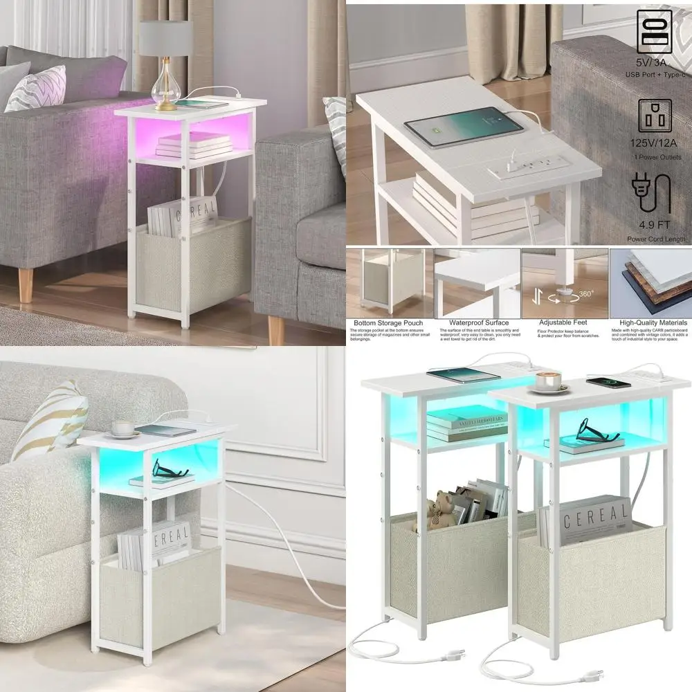 Compact Charging Station LED Side Tables Set of 2 with Storage Baskets for Living Room and Bedroom, White
Compact Charging Station LED Side Tables Set of 2 with Storage Baskets for Living Room and Bedroom, White