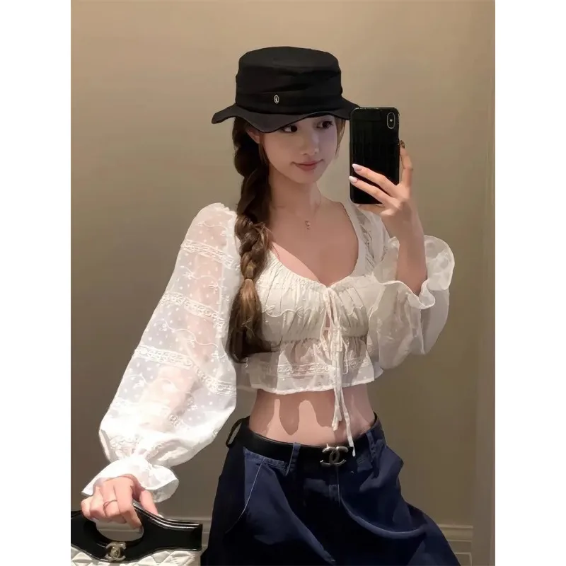 Women's White Sheer Lace Crop Top Puff Sleeves with Ruched Front Tie Detail
Women's White Sheer Lace Crop Top Puff Sleeves with Ruched Front Tie Detail