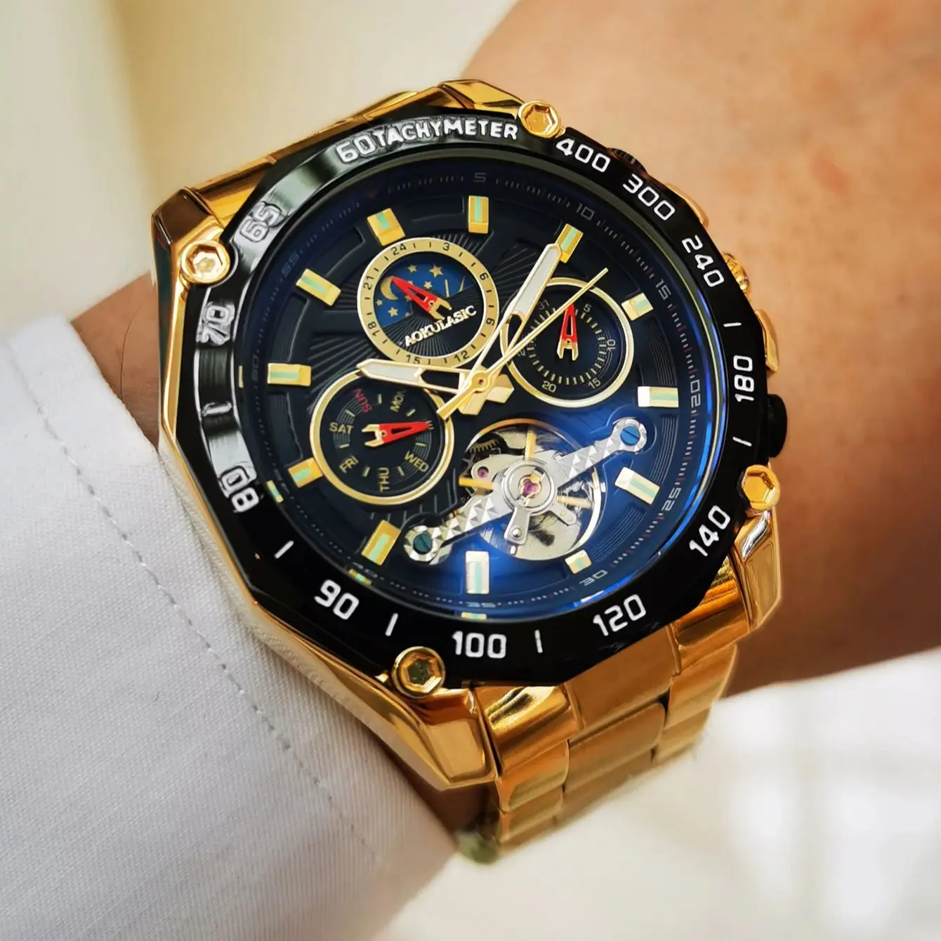 AOKULASIC Military Multifunction Watch for Men Tourbillon Gold Moon Phase Skeleton Automatic Mechanical Watches Stainless Steel
AOKULASIC Military Multifunction Watch for Men Tourbillon Gold Moon Phase Skeleton Automatic Mechanical Watches Stainless Steel