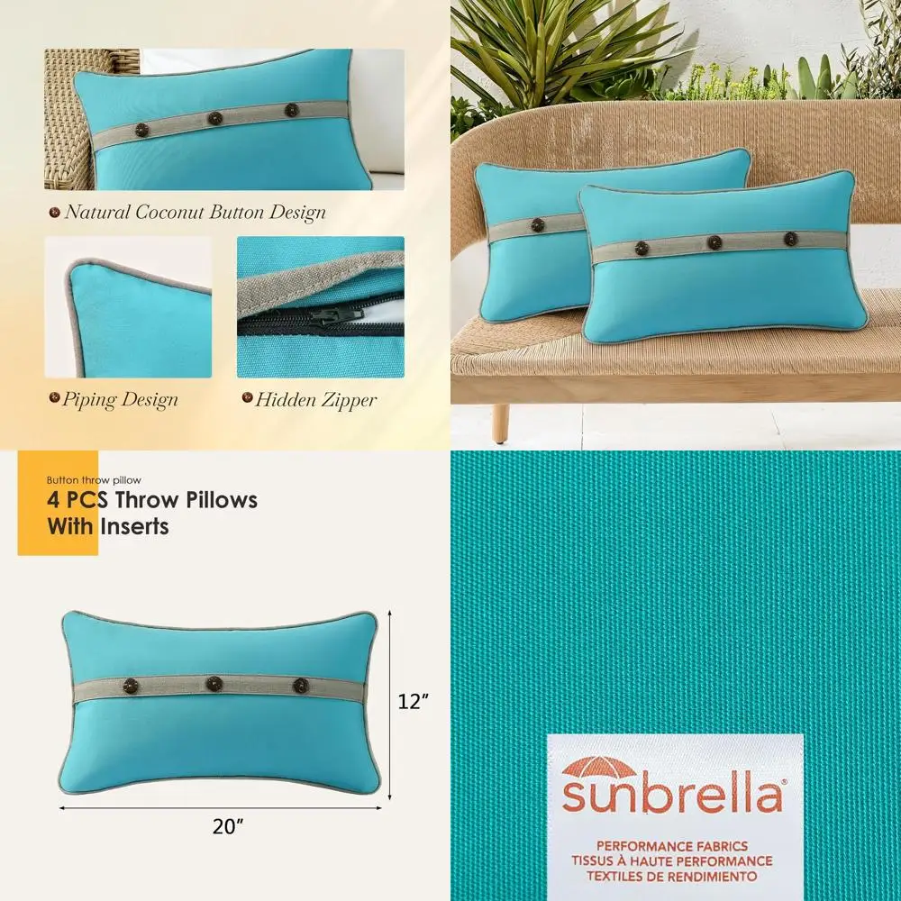 Set of 4 Decorative Sunbrella Outdoor Pillows, 20x12, Canvas Aruba/Cast Ash, with Triple Coconut Buttons
Set of 4 Decorative Sunbrella Outdoor Pillows, 20x12, Canvas Aruba/Cast Ash, with Triple Coconut Buttons