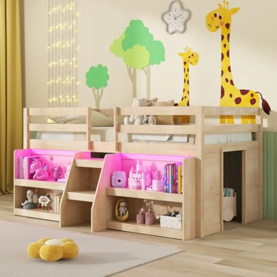Low Loft Bed with LED Lights, Wooden Twin Loft Bed with Stairs and Safety Guardrail, Loft Bed Twin Size with Storage Bookcase a
Low Loft Bed with LED Lights, Wooden Twin Loft Bed with Stairs and Safety Guardrail, Loft Bed Twin Size with Storage Bookcase a