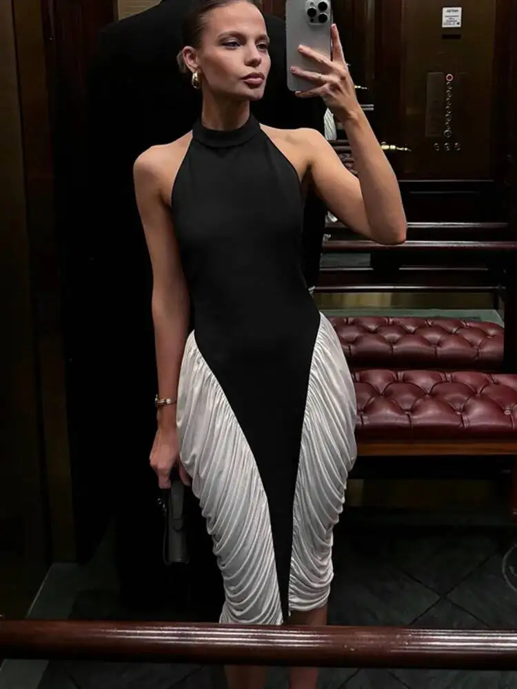 Patchwork Halter Backless Sexy Midi Women Gown Elegant Fashion Contrast Color Sleeveless Pleated Long Dress 
Patchwork Halter Backless Sexy Midi Women Gown Elegant Fashion Contrast Color Sleeveless Pleated Long Dress