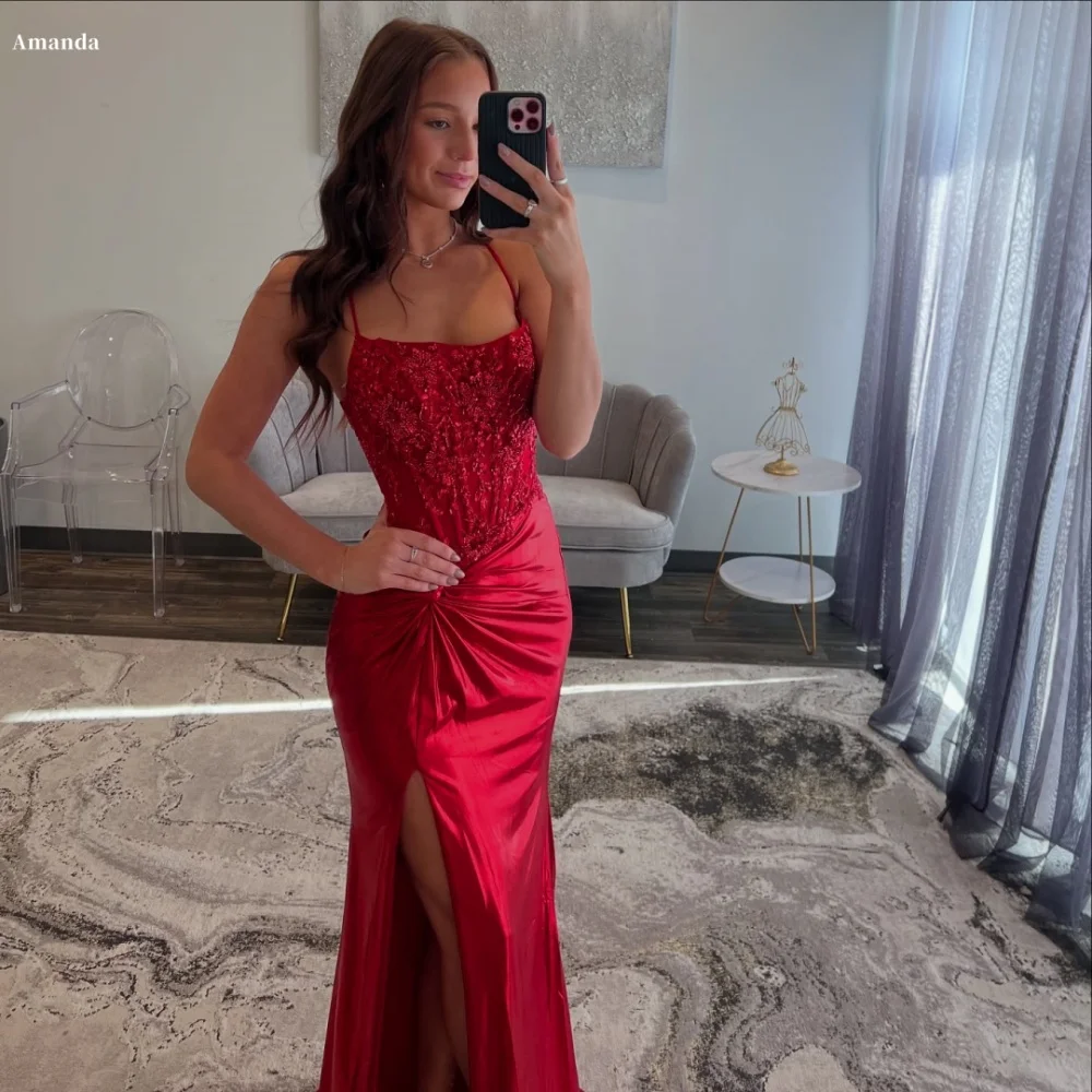 Amanda Customized Pleats Spaghetti Strap Mermaid Prom Dresses Side Slit Red Lace-Splicing Sexy vestidos de noche Formal Evening
Amanda Customized Pleats Spaghetti Strap Mermaid Prom Dresses Side Slit Red Lace-Splicing Sexy vestidos de noche Formal Evening