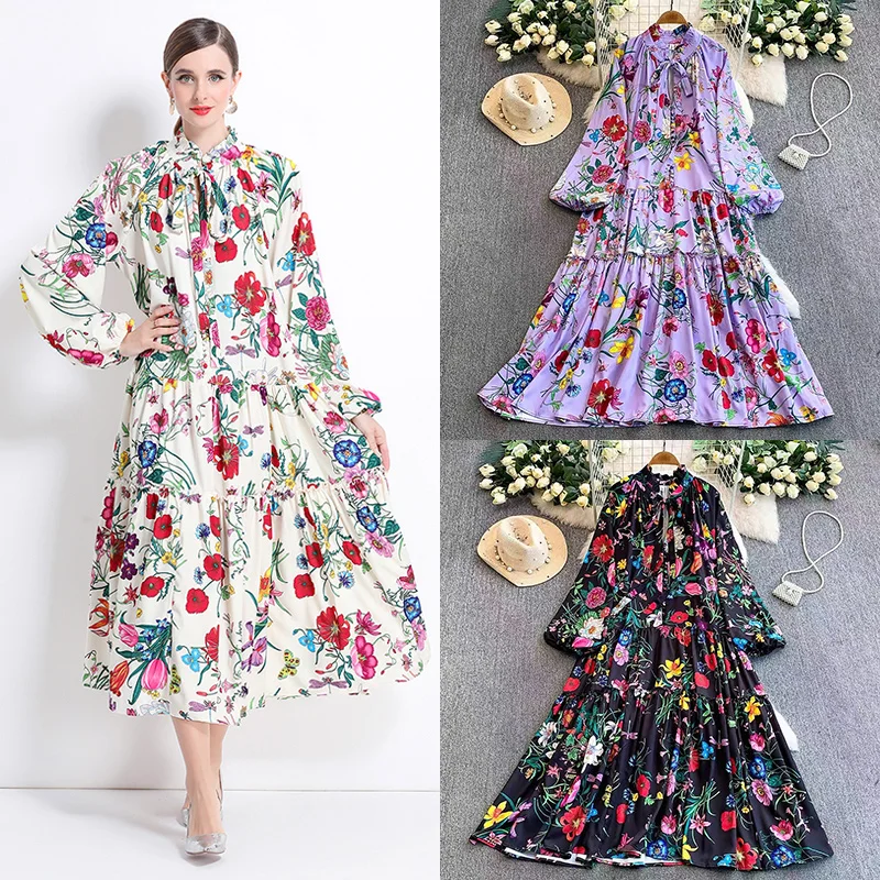 Runway 2025 Spring Flower Maxi Dress Shirt Women's Bow Neck A Line Lantern Sleeve Floral Print Loose Long Party Dresses Lady
Runway 2025 Spring Flower Maxi Dress Shirt Women's Bow Neck A Line Lantern Sleeve Floral Print Loose Long Party Dresses Lady