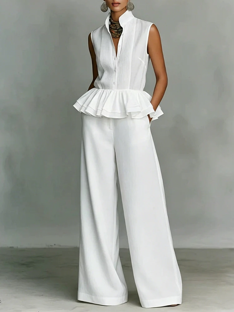 Summer Chic Women's Set Solid Two Piece Set Fashion Stand Collar Sleeveless Ruffles Hem Tank Top & Wide Leg Pants Office Suit
Summer Chic Women's Set Solid Two Piece Set Fashion Stand Collar Sleeveless Ruffles Hem Tank Top & Wide Leg Pants Office Suit