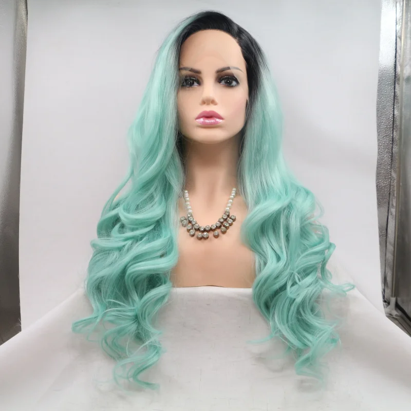 Mint green front lace synthetic wig, high-temperature fiber long curly hair, comfortable rose net cap
Mint green front lace synthetic wig, high-temperature fiber long curly hair, comfortable rose net cap