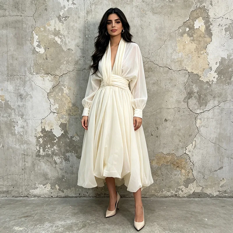 2026 New Gentle and Sweet Style Long Deep V-Neck Lantern Sleeve Cross-Tie Waist Fitted Full Skirt Vestidos De Mujer
2026 New Gentle and Sweet Style Long Deep V-Neck Lantern Sleeve Cross-Tie Waist Fitted Full Skirt Vestidos De Mujer