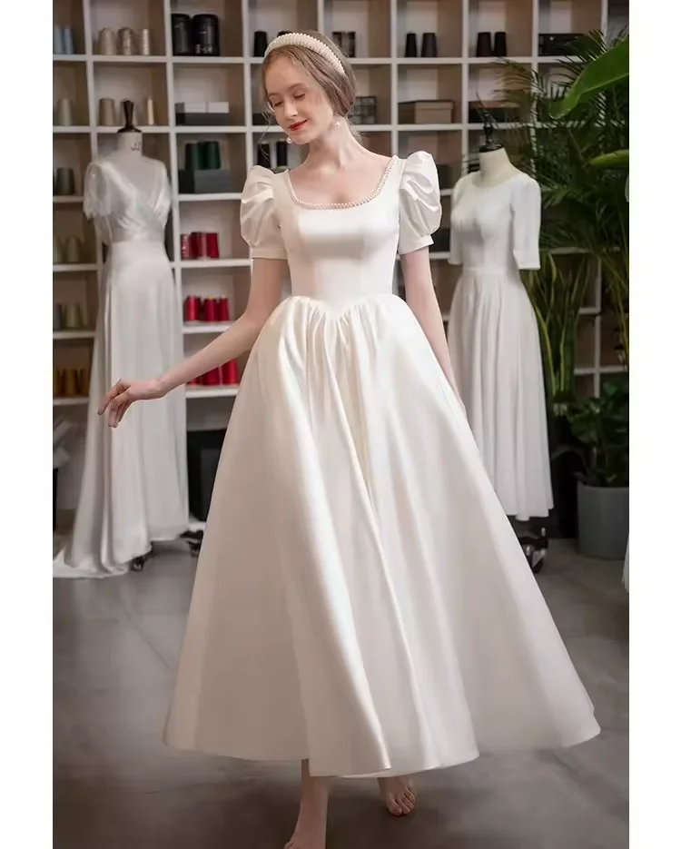 Simple White Satin Prom Dress Ankle Length A-line Puff Short Sleeves Wedding Party Dresses Formal Evening Dresses Customized
Simple White Satin Prom Dress Ankle Length A-line Puff Short Sleeves Wedding Party Dresses Formal Evening Dresses Customized