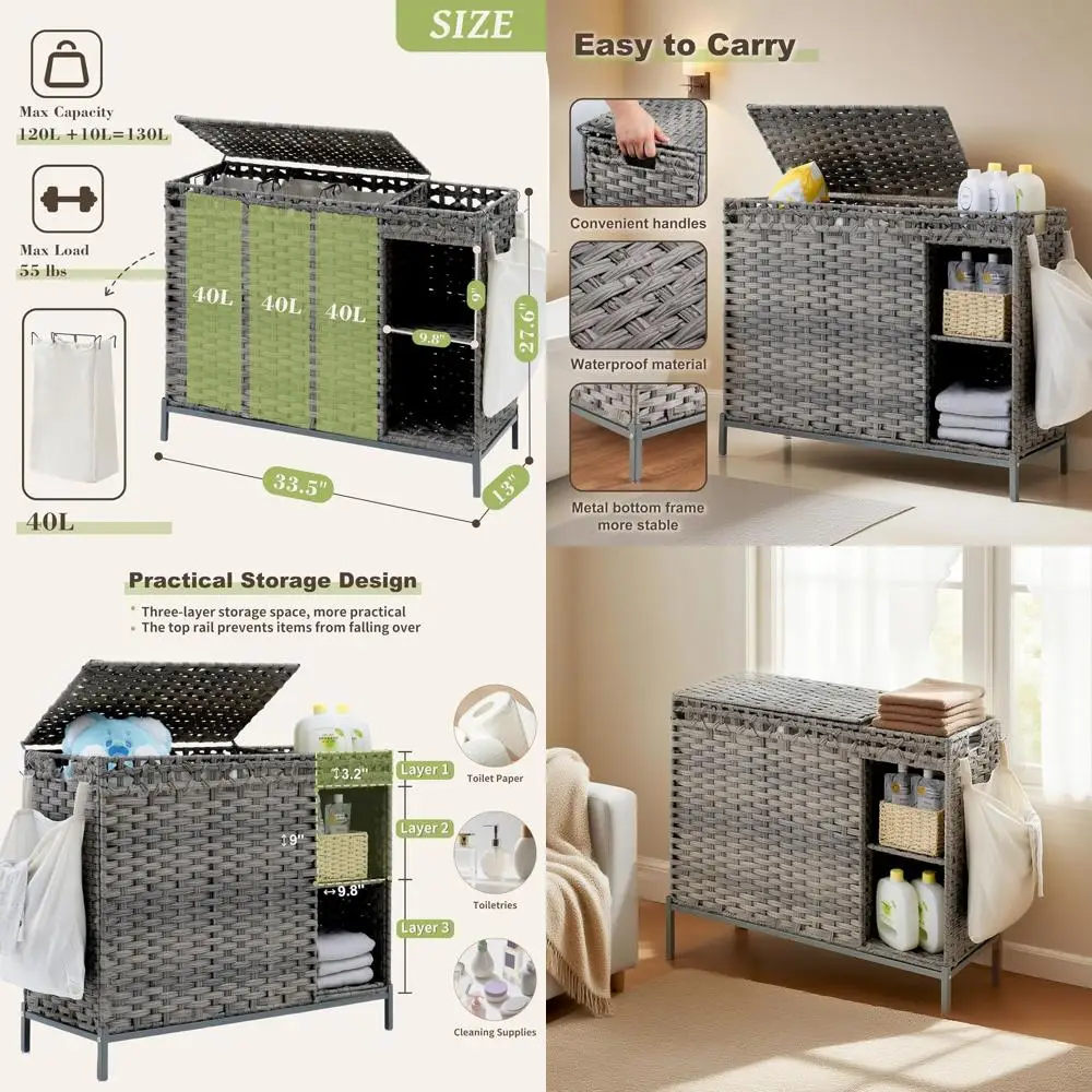 Rattan 3-Section Laundry Hamper with Lid, 130L Capacity, 50L Storage Shelf, 4 Liner Bags, Natural
Rattan 3-Section Laundry Hamper with Lid, 130L Capacity, 50L Storage Shelf, 4 Liner Bags, Natural