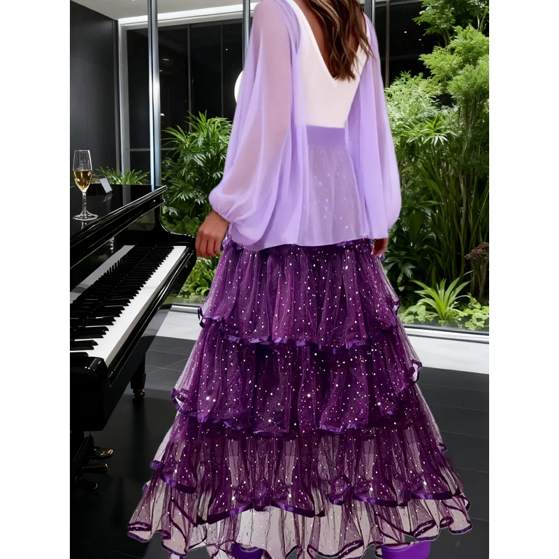 A Lady'S Purple Multi-Layer Sequined Tulle Cake Skirt, Featuring Delicate Ruffled Purple Ribbon Edges, Creates an Elegant And Lu
A Lady'S Purple Multi-Layer Sequined Tulle Cake Skirt, Featuring Delicate Ruffled Purple Ribbon Edges, Creates an Elegant And Lu
