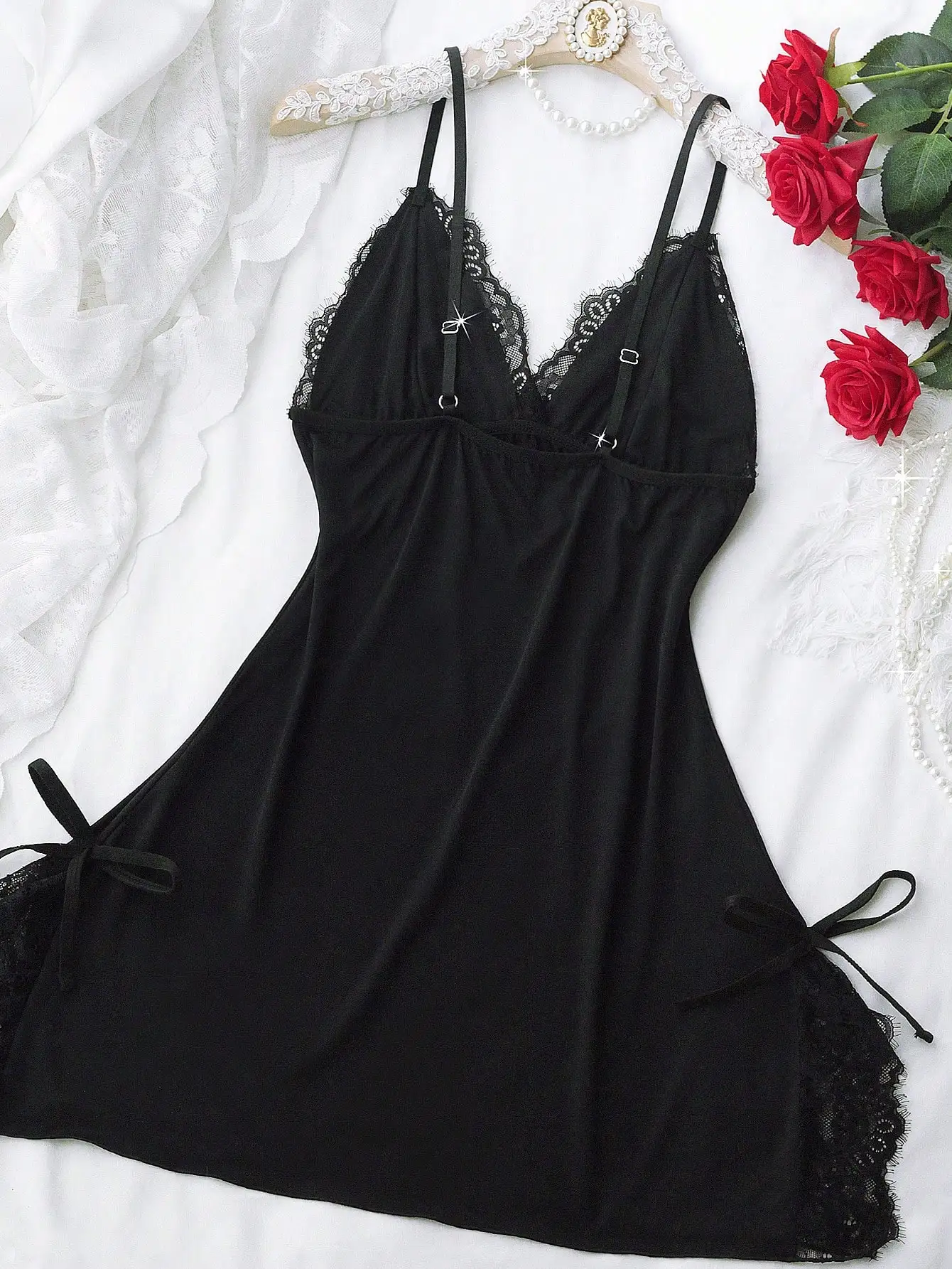 Red Lace Trim Satin Camisole Nightgown with Adjustable Straps and Side Ties
Red Lace Trim Satin Camisole Nightgown with Adjustable Straps and Side Ties