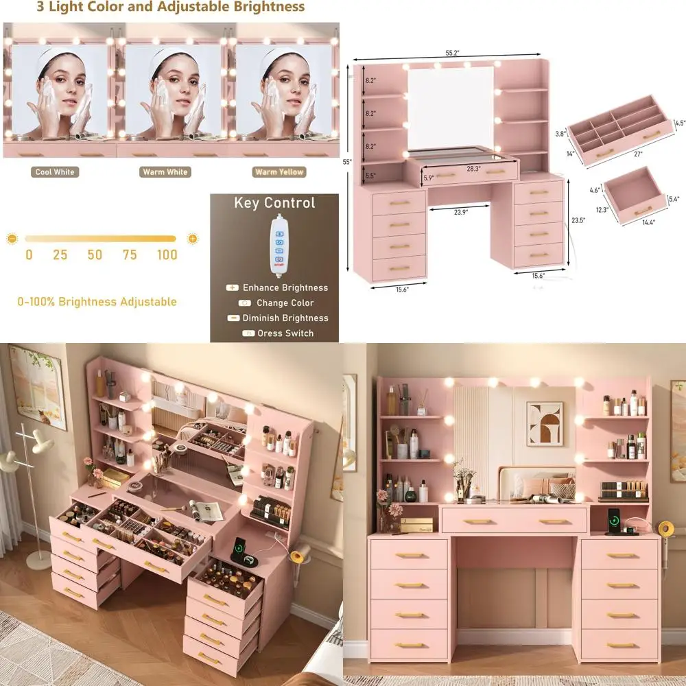 55 Large Pink Glass Vanity Desk with Lighting, Charging, and Ample Storage
55 Large Pink Glass Vanity Desk with Lighting, Charging, and Ample Storage
