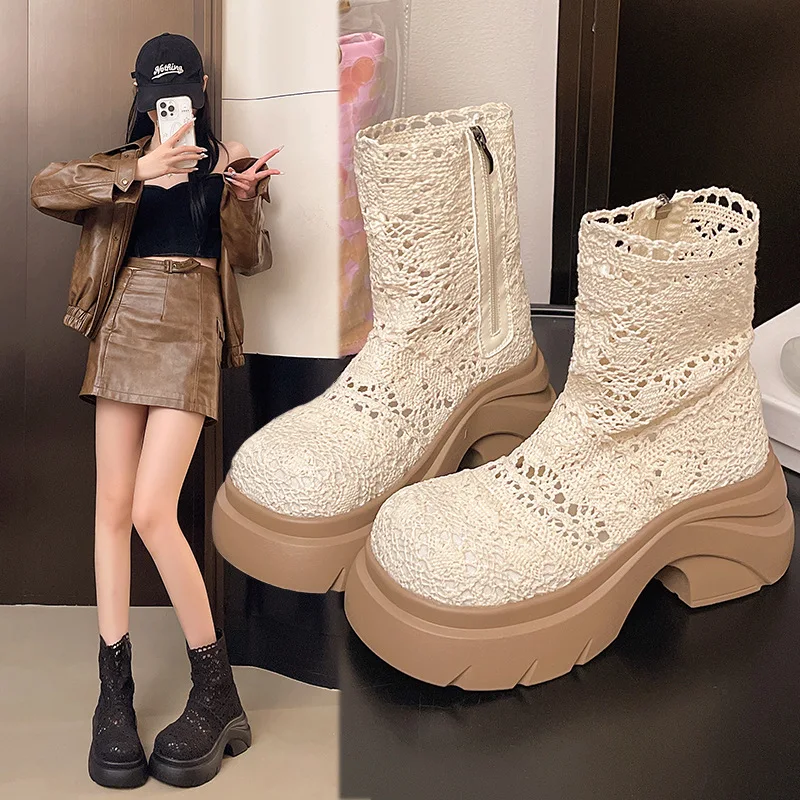 Thick-soled Lace Mesh Cool Boots Women Fairy Style Hollow Breathable Short Boots Fashionable Thin Comfort Height-enhancing Boots
Thick-soled Lace Mesh Cool Boots Women Fairy Style Hollow Breathable Short Boots Fashionable Thin Comfort Height-enhancing Boots