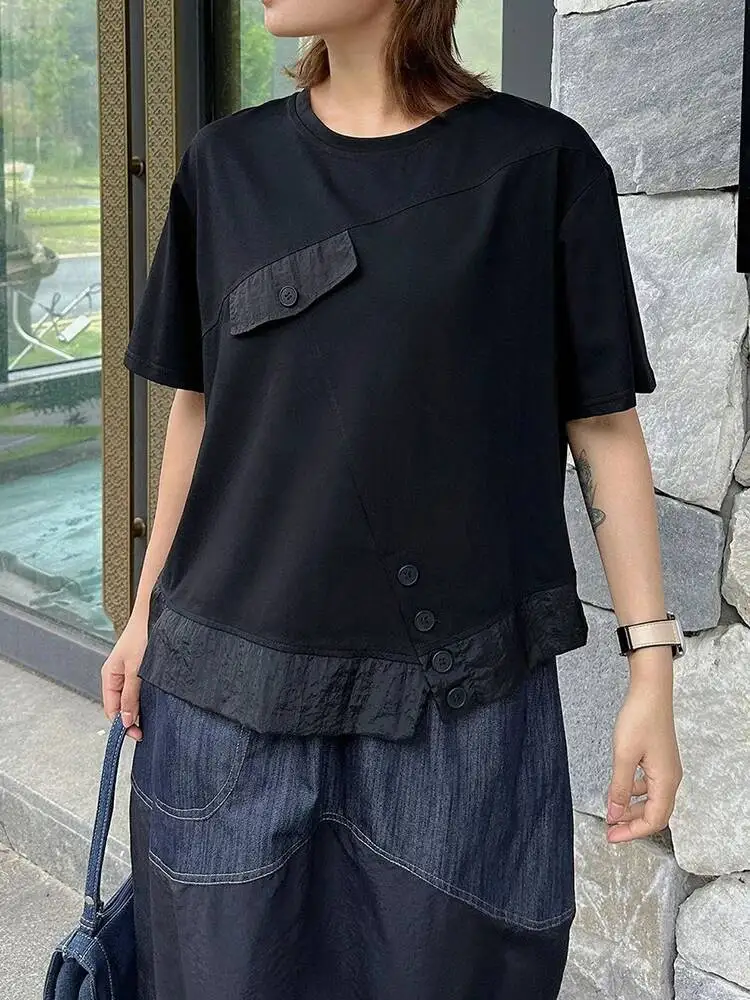Women Black Button Irregular Big Size Casual T-shirt New Round Neck Short Sleeve Fashion Tide Spring Summer
Women Black Button Irregular Big Size Casual T-shirt New Round Neck Short Sleeve Fashion Tide Spring Summer