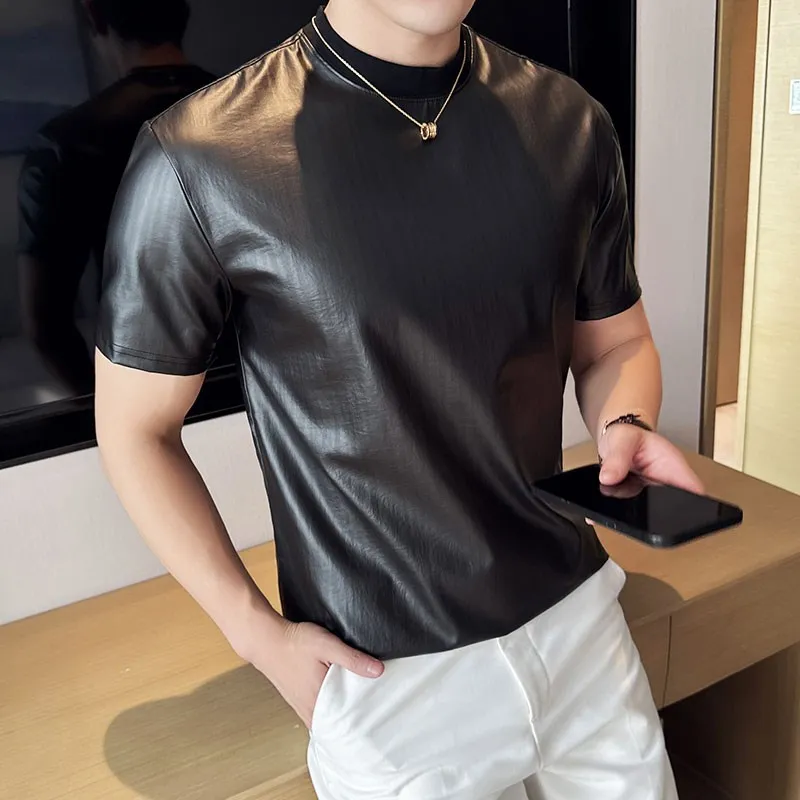 Fashionable Short Sleeve T-Shirt Design Coated Leather Surface Shiny Stripe Half Sleeve Trendy round Neck Base Shirt Casual Top
Fashionable Short Sleeve T-Shirt Design Coated Leather Surface Shiny Stripe Half Sleeve Trendy round Neck Base Shirt Casual Top