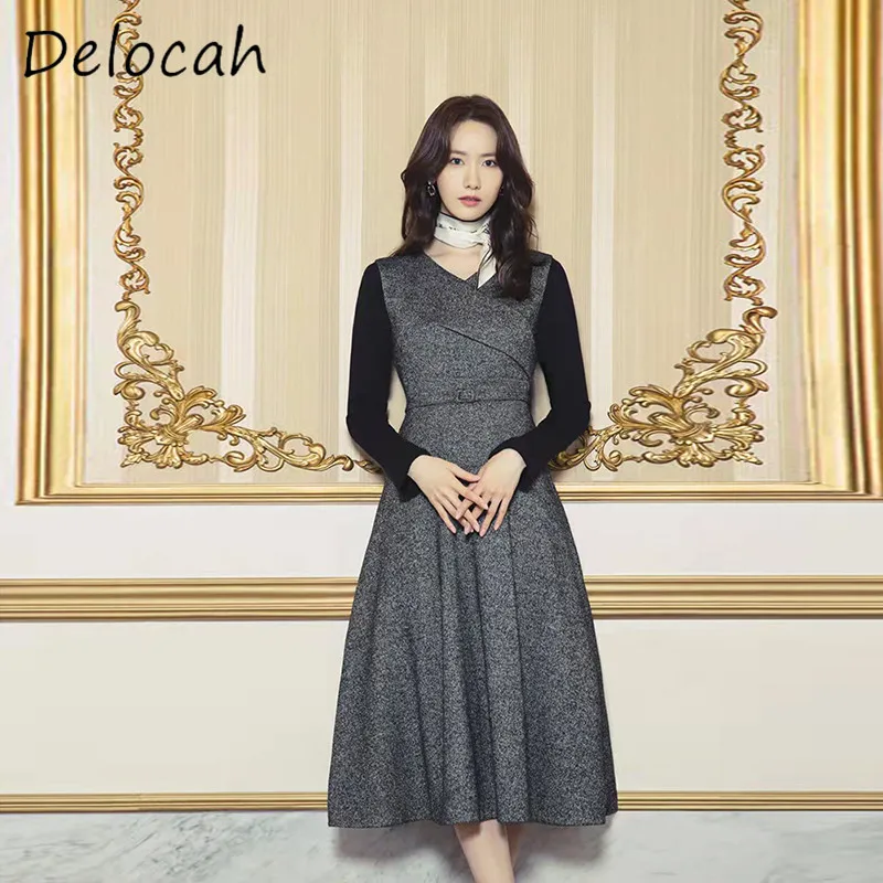 Deloach Spring/Summer Fashion Women's V-neck Black Sleeve Knitted Splicing Sashes Decoration Long Sleeve Medium Long Grey Dress
Deloach Spring/Summer Fashion Women's V-neck Black Sleeve Knitted Splicing Sashes Decoration Long Sleeve Medium Long Grey Dress