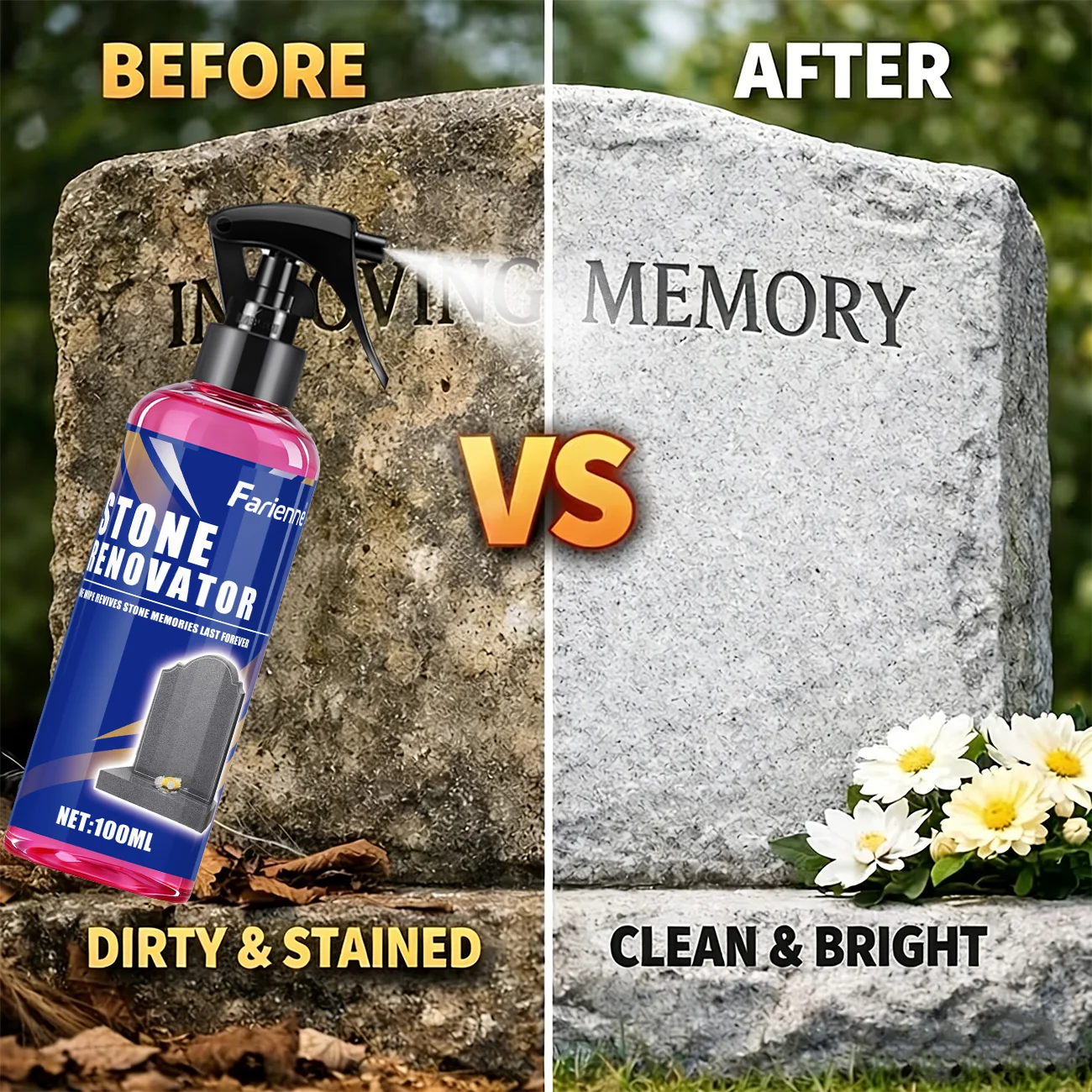 Farienne 100ML Stone Renovator - Tombstone & Stone Surface Cleaner, Removes Stains & Restores Brightness for All Stone Monuments
Farienne 100ML Stone Renovator - Tombstone & Stone Surface Cleaner, Removes Stains & Restores Brightness for All Stone Monuments