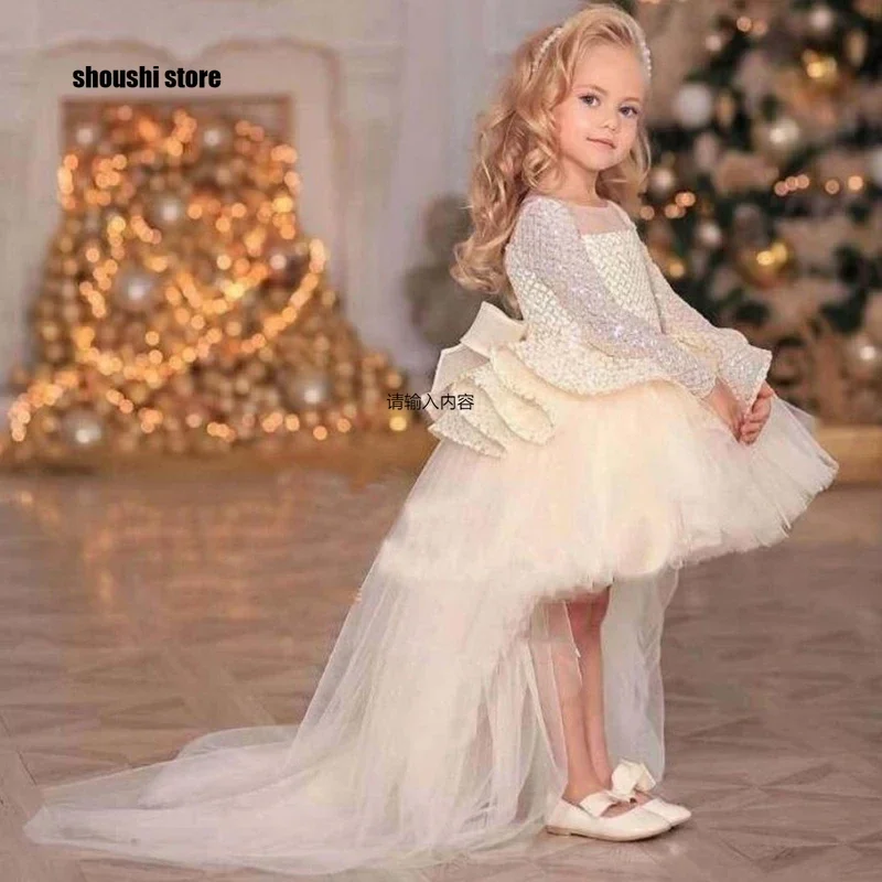 Beige Tulle Flower Girl Dresses Sequin with Tailing Bow Long Sleeve for Wedding Birthday Party First Communion Gown Customized
Beige Tulle Flower Girl Dresses Sequin with Tailing Bow Long Sleeve for Wedding Birthday Party First Communion Gown Customized