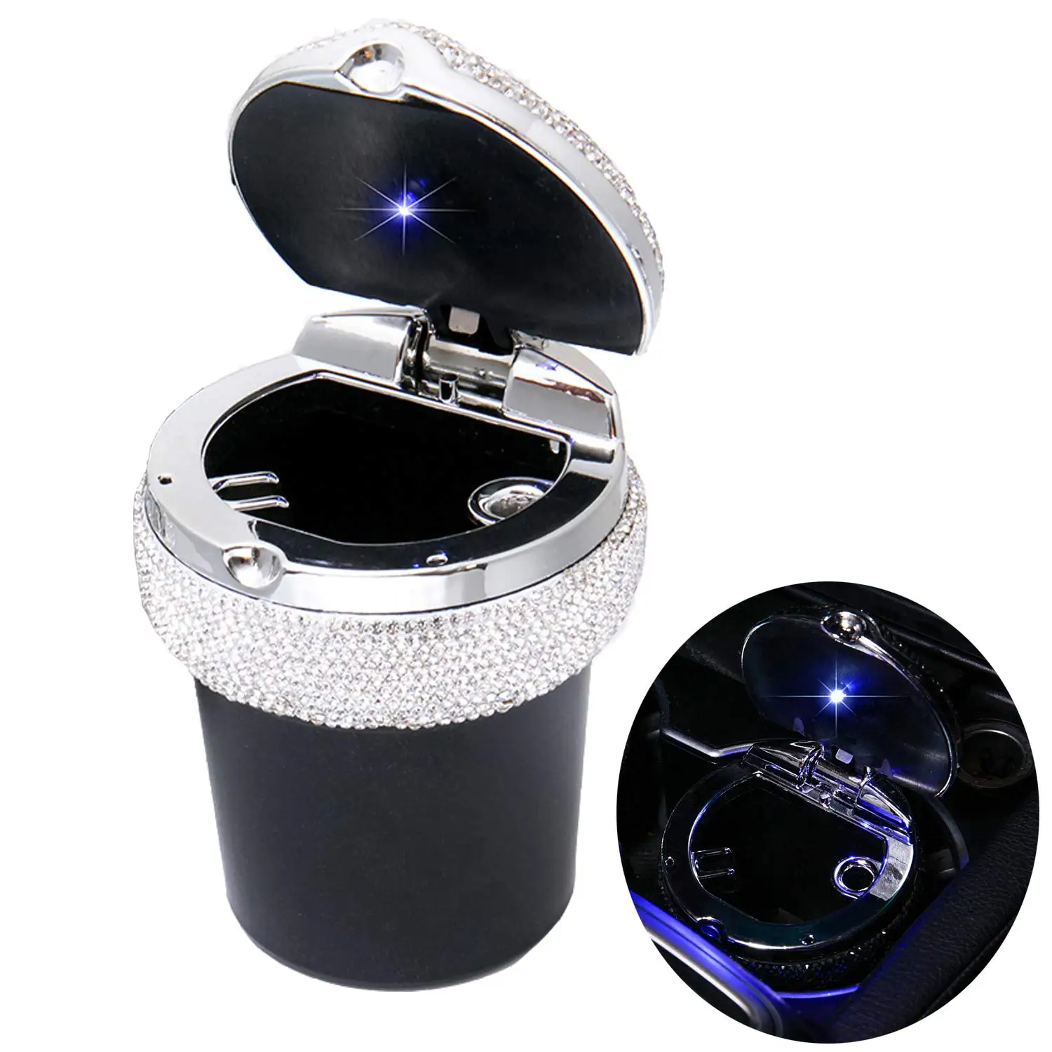 Elegant Black Car Ashtray With Sparkling Rhinestone Trim And Blue LED Illumination, Compact Smokeless Cup Holder Accessory
Elegant Black Car Ashtray With Sparkling Rhinestone Trim And Blue LED Illumination, Compact Smokeless Cup Holder Accessory