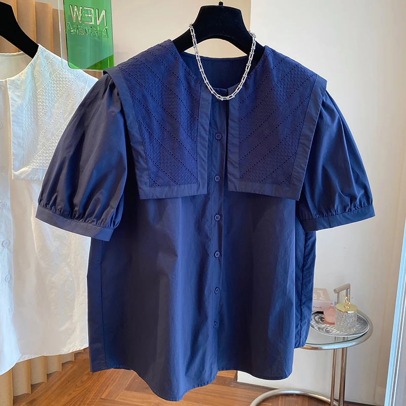 2024 New Summer Sailor Collar Puff Sleeve Shirt Women Tops Vintage Navy Blue Solid Color Short Sleeve Casual Loose White Blouse
2024 New Summer Sailor Collar Puff Sleeve Shirt Women Tops Vintage Navy Blue Solid Color Short Sleeve Casual Loose White Blouse