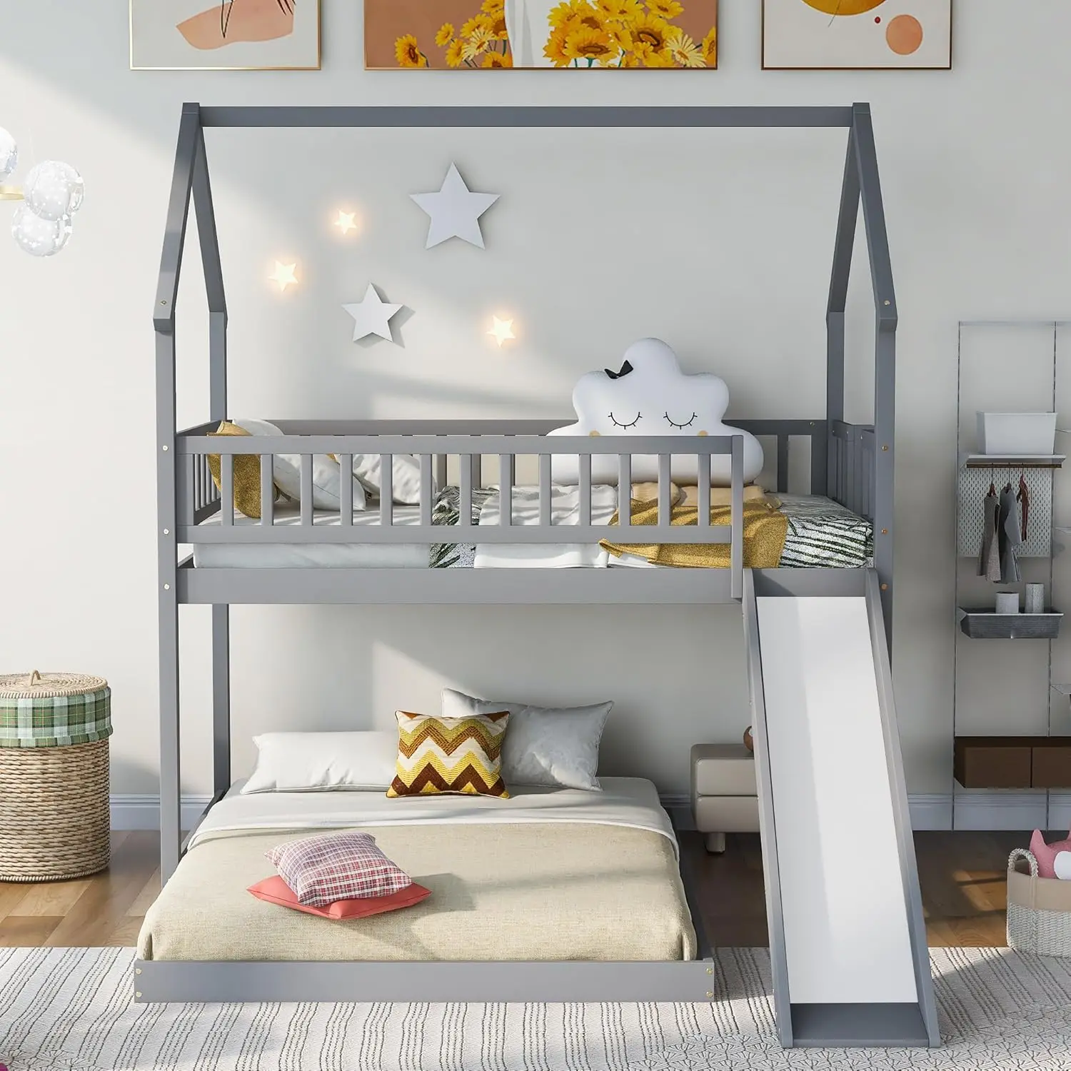 House Bunk Bed with Slide, Wood Twin Over Full L-Shape Bunk Bed Frame , Full-Length Guardrail, Built-in Ladder (Grey)
House Bunk Bed with Slide, Wood Twin Over Full L-Shape Bunk Bed Frame , Full-Length Guardrail, Built-in Ladder (Grey)