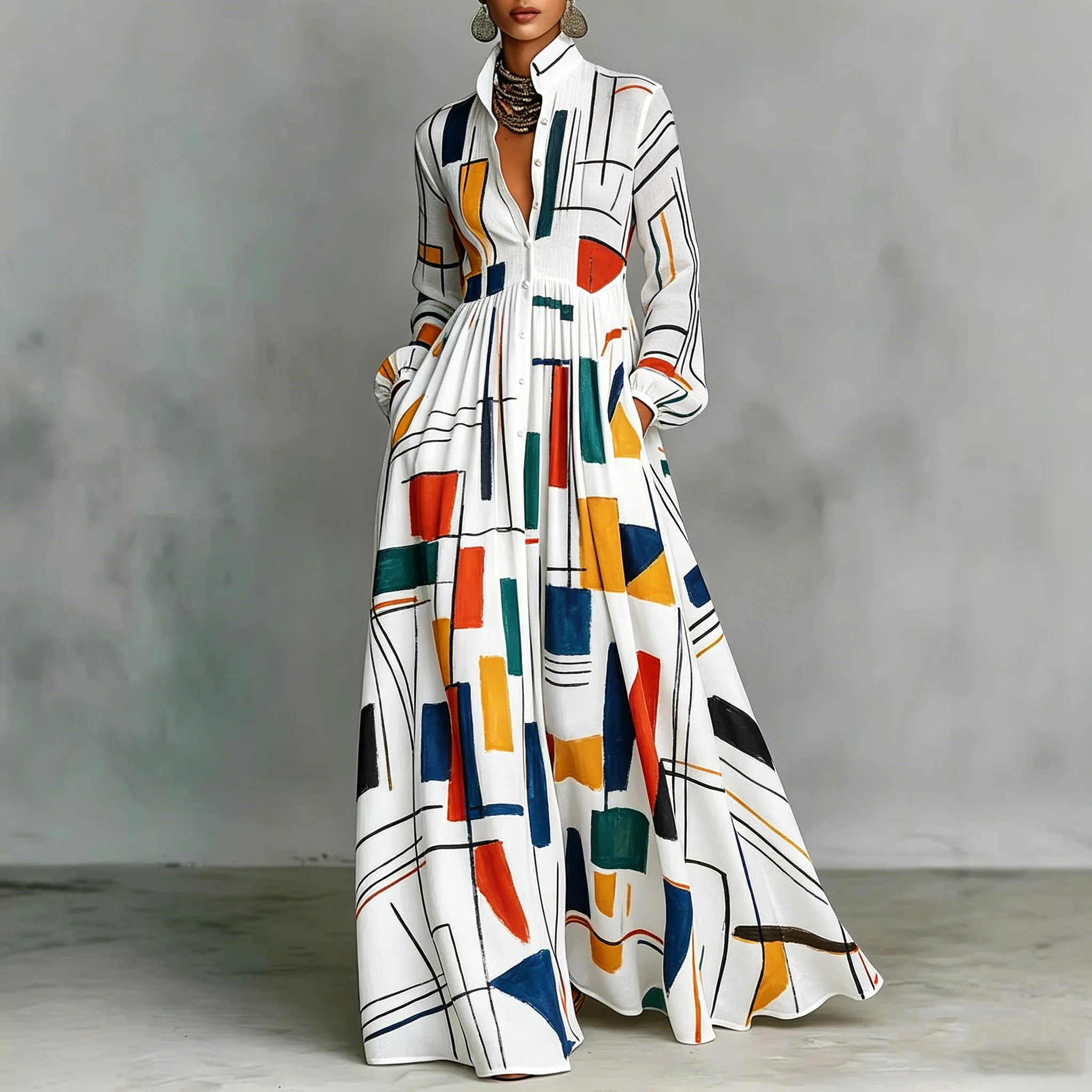 Women's Fashion Casual Long Sleeve Dress Geometric Print Button Down Loose Fit Maxi Dress With Pockets Chic Elegant Outfit
Women's Fashion Casual Long Sleeve Dress Geometric Print Button Down Loose Fit Maxi Dress With Pockets Chic Elegant Outfit