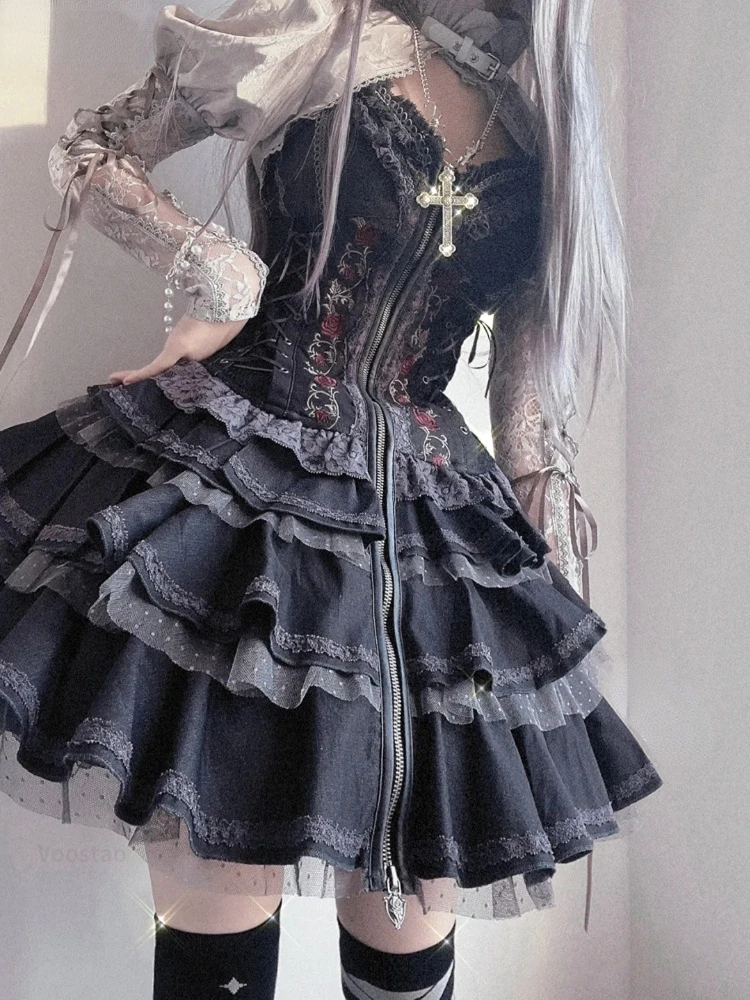 Gothic Lolita Y2k Dress Women Vintage Victorian Harajuku Lace Bandage Rose Embroidery Party Dresses Girls Sleeveless Vestidos
Gothic Lolita Y2k Dress Women Vintage Victorian Harajuku Lace Bandage Rose Embroidery Party Dresses Girls Sleeveless Vestidos