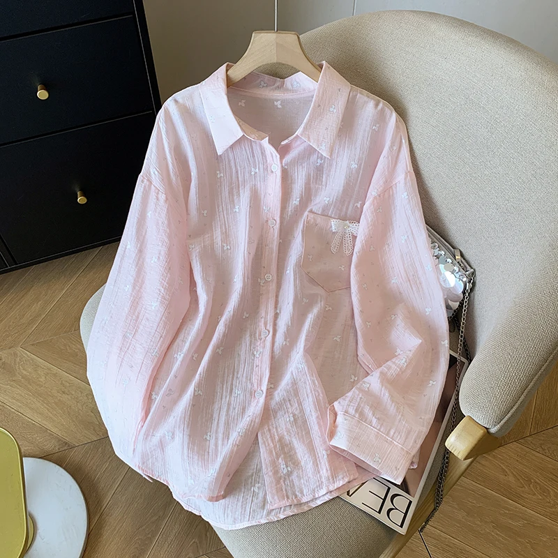 Summer Women's Sunscreen Shirt Mid-length Lace Bow Print Thin Coat Korean Fashion Laple Long Sleeve Loose Top 2025 New
Summer Women's Sunscreen Shirt Mid-length Lace Bow Print Thin Coat Korean Fashion Laple Long Sleeve Loose Top 2025 New
