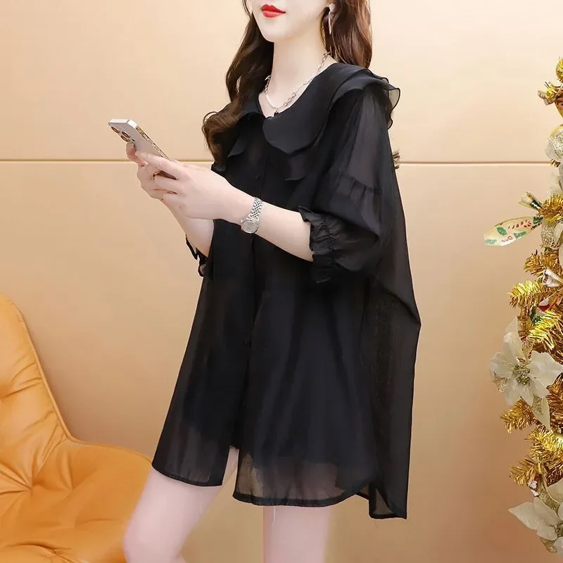 Black Ruffled Collar Loose Blouse with Half Sleeve Sheer Chiffon Top for Summer Casual Wear Women
Black Ruffled Collar Loose Blouse with Half Sleeve Sheer Chiffon Top for Summer Casual Wear Women