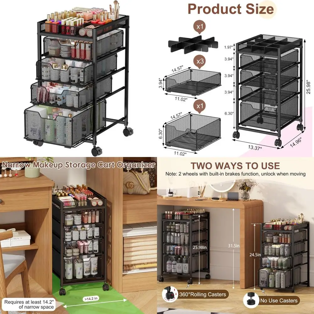 5-Tier Rolling Makeup Organizer with Drawers, Cosmetic Display Storage, Wheeled Vanity Cart for Skincare, Nail Polish, Perfume,
5-Tier Rolling Makeup Organizer with Drawers, Cosmetic Display Storage, Wheeled Vanity Cart for Skincare, Nail Polish, Perfume,