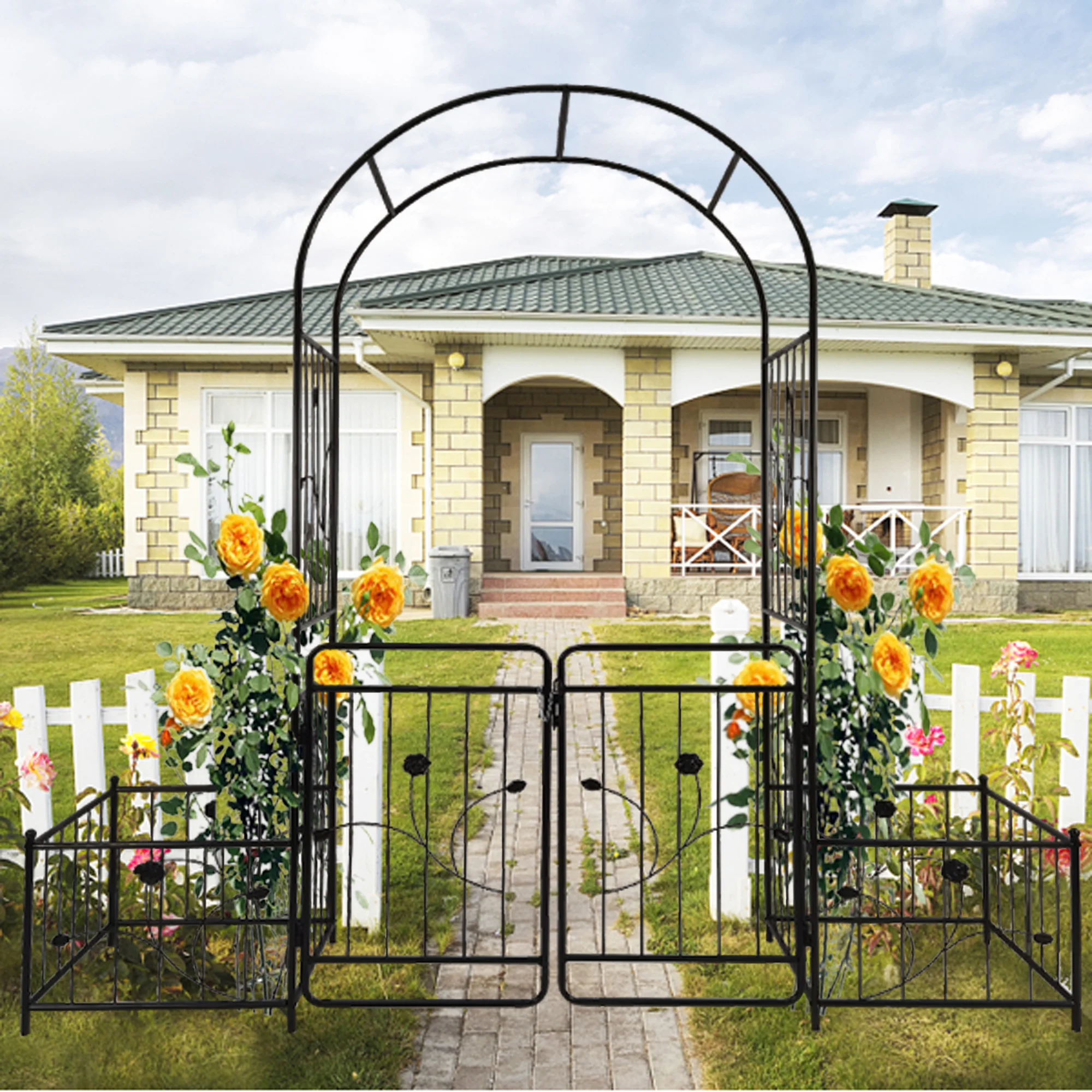 Metal Garden Arch with Gate 6.63ft Wide x 7.2ft High Climbing Plants Support Rose Arch Outdoor Black
Metal Garden Arch with Gate 6.63ft Wide x 7.2ft High Climbing Plants Support Rose Arch Outdoor Black