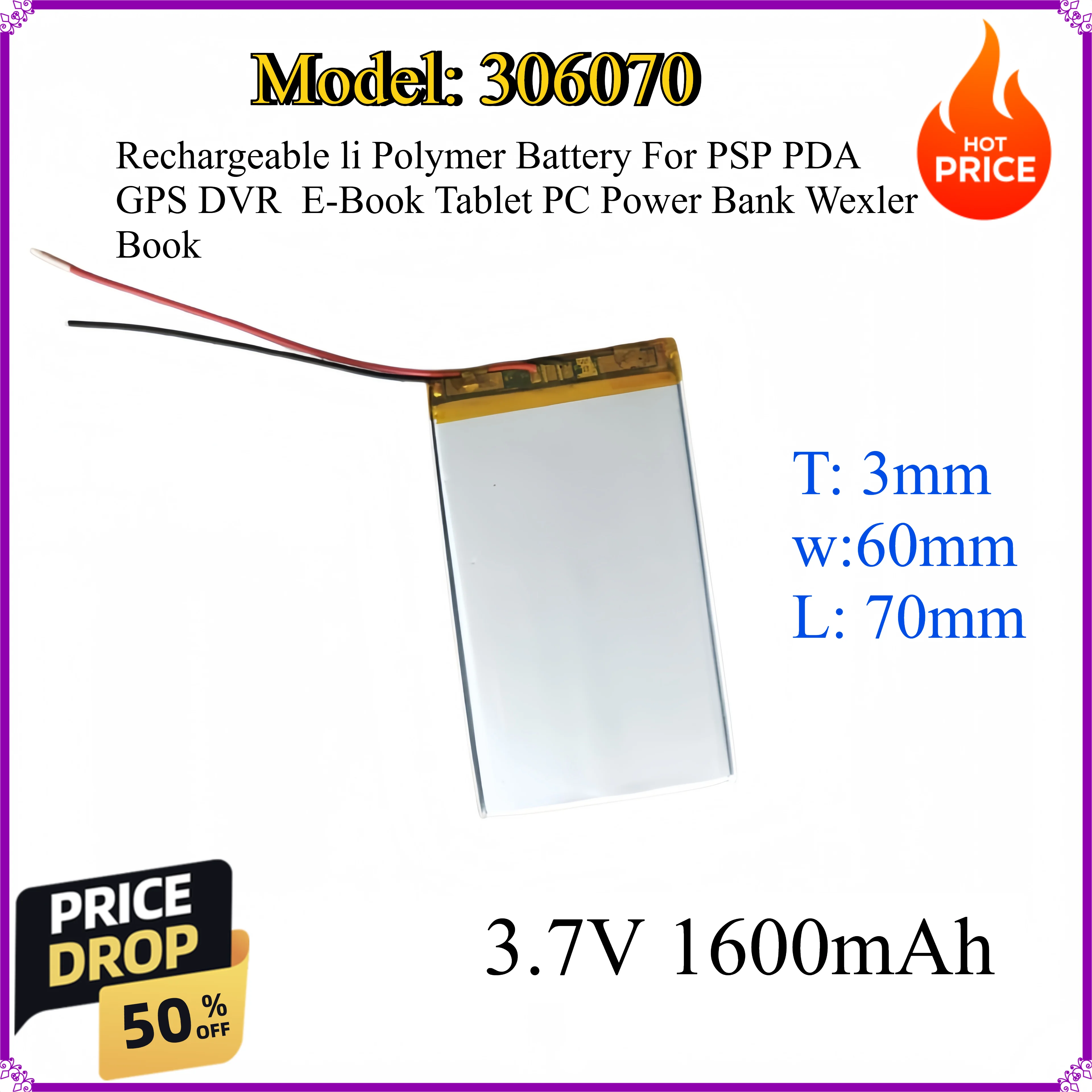 306070 3.7V 1600mAh Rechargeable li Polymer Battery For PSP PDA GPS DVR E-Book Tablet PC Power Bank Wexler Book
306070 3.7V 1600mAh Rechargeable li Polymer Battery For PSP PDA GPS DVR E-Book Tablet PC Power Bank Wexler Book