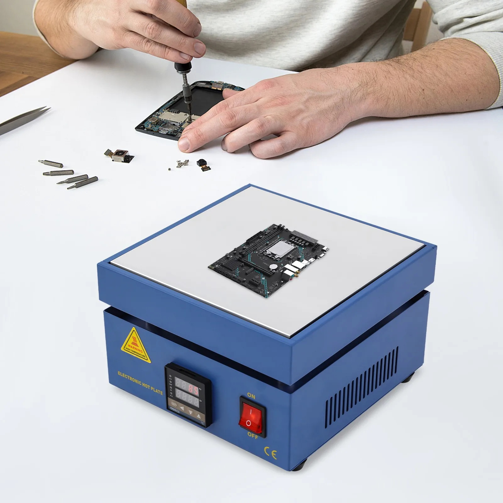850W Preheat Soldering Station, 7.87x7.87 Inch Aluminum Alloy Heating Plate, 752°F Max Temperature with LED Display, for Phone S
850W Preheat Soldering Station, 7.87x7.87 Inch Aluminum Alloy Heating Plate, 752°F Max Temperature with LED Display, for Phone S