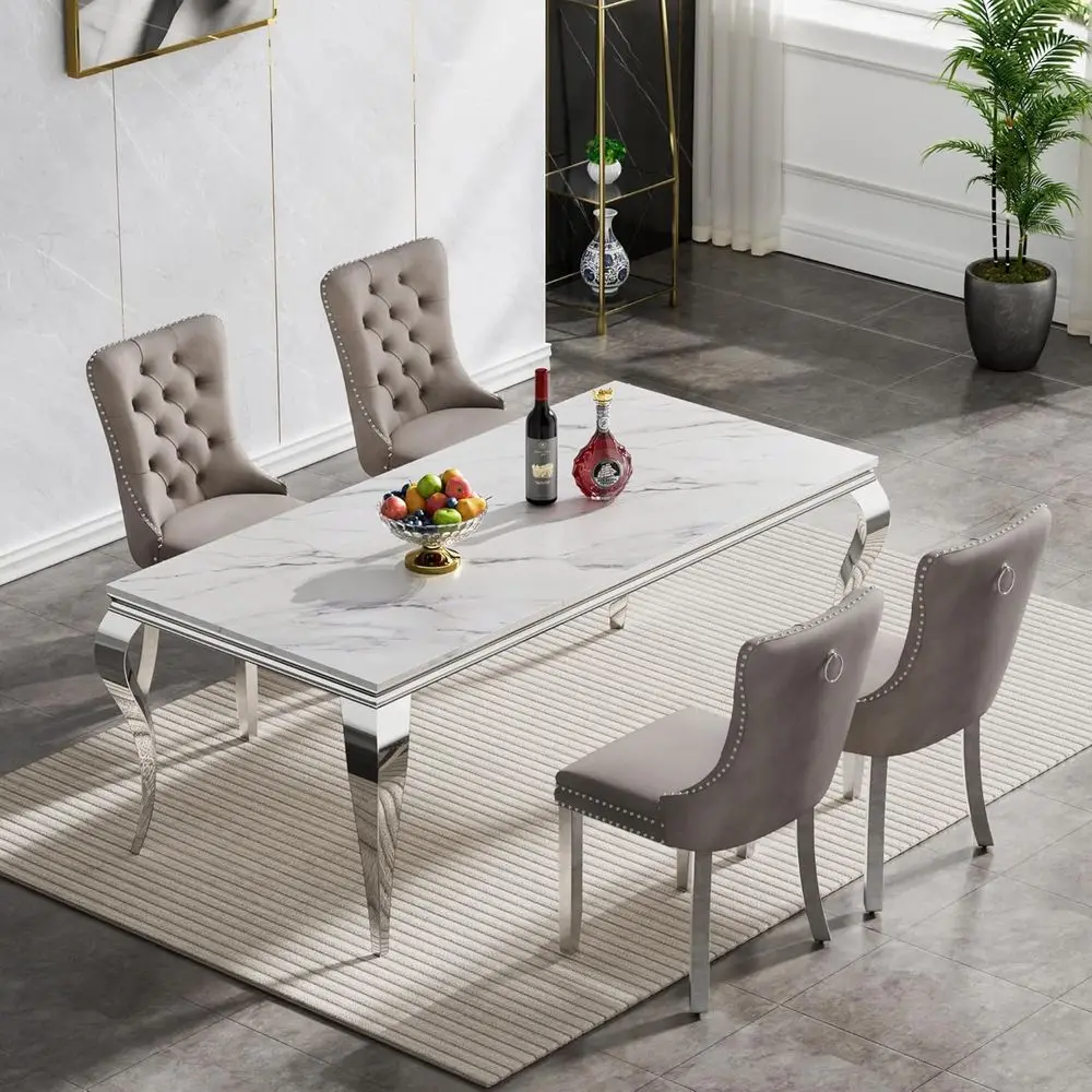 Luxury 68 Marble Dining Set with 4 Grey Velvet Chairs & Silver Steel Pedestal
Luxury 68 Marble Dining Set with 4 Grey Velvet Chairs & Silver Steel Pedestal
