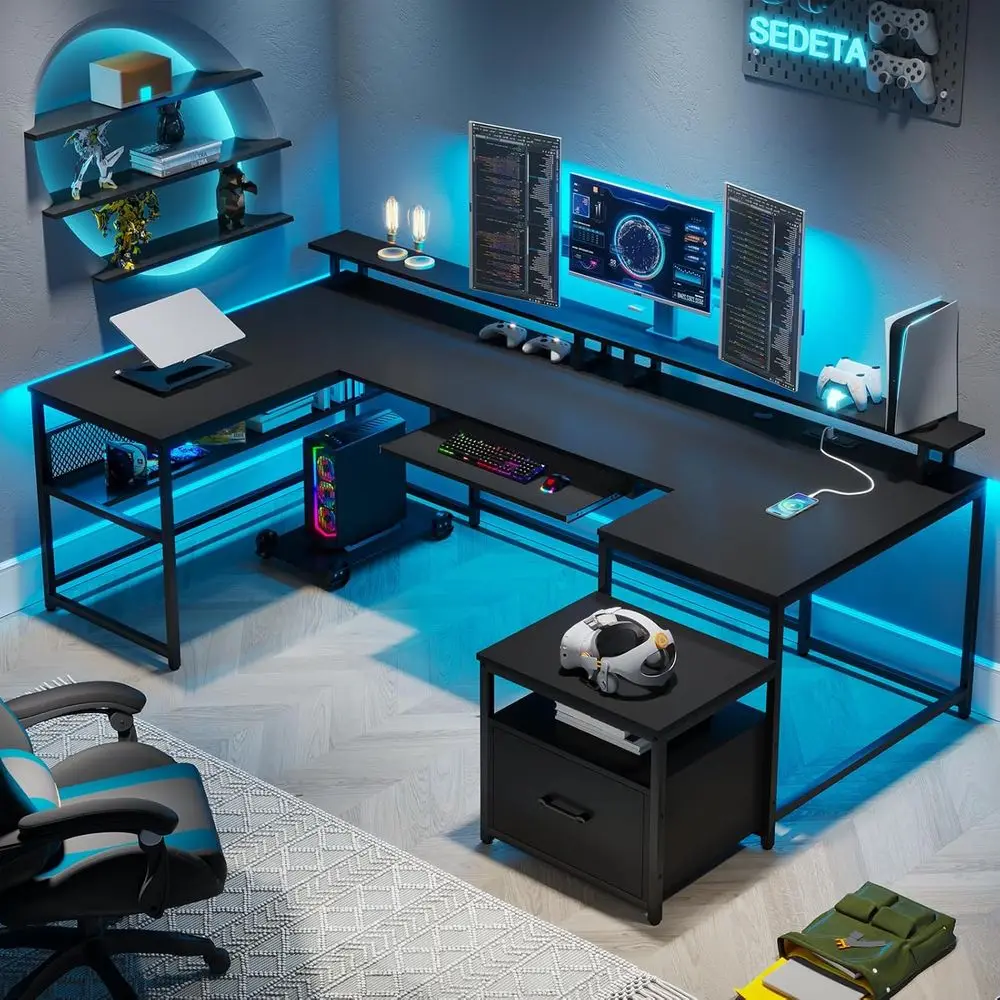Reversible L-Shaped Desk, 101.5 Dual-Person Office Desk with Drawer, Power Outlet, Monitor Shelf, and Keyboard Tray in Black
Reversible L-Shaped Desk, 101.5 Dual-Person Office Desk with Drawer, Power Outlet, Monitor Shelf, and Keyboard Tray in Black