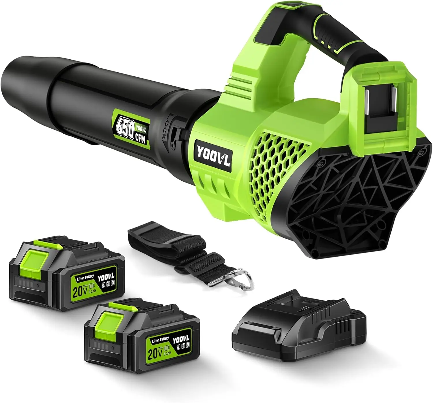 650CFM Cordless Leaf Blower, 2x5.2Ah Batteries, 3 Speeds, Adjustable Strap
650CFM Cordless Leaf Blower, 2x5.2Ah Batteries, 3 Speeds, Adjustable Strap