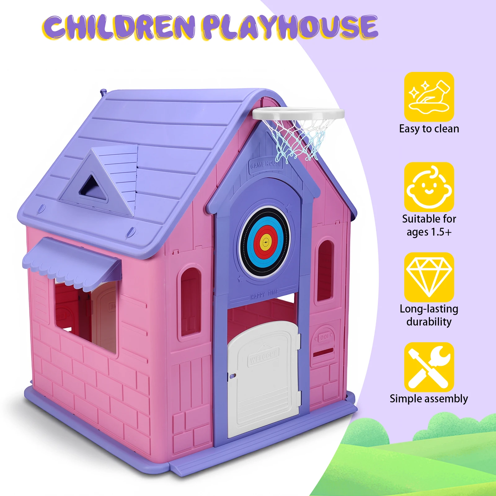 Indoor/Outdoor Playset with Basketball Hoop Dartboard Garden Games Cottage Outdoor Playhouse for 2-5 Years
Indoor/Outdoor Playset with Basketball Hoop Dartboard Garden Games Cottage Outdoor Playhouse for 2-5 Years