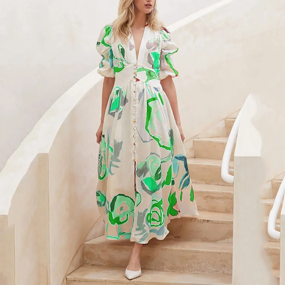 Long Dress Summer V-neck Slim Fits Cardigan Y2K Beach Dress Women Slim Fit Large Swing Elastic Printing Full Long Dress
Long Dress Summer V-neck Slim Fits Cardigan Y2K Beach Dress Women Slim Fit Large Swing Elastic Printing Full Long Dress