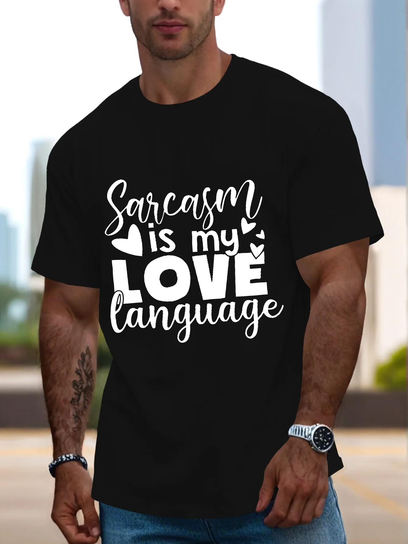 Satirical Love Language Men's T-Shirt - Casual Round Neck, Summer Top, Featuring Strong Black Letters and Heart-shaped Patterns
Satirical Love Language Men's T-Shirt - Casual Round Neck, Summer Top, Featuring Strong Black Letters and Heart-shaped Patterns