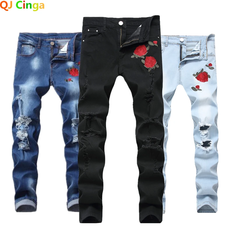 Red Rose Embroidered Jeans for Men's Black Blue Stretch Pants for Men White Fashion Pantalon Hole Decoration Male Slacks 28-42
Red Rose Embroidered Jeans for Men's Black Blue Stretch Pants for Men White Fashion Pantalon Hole Decoration Male Slacks 28-42